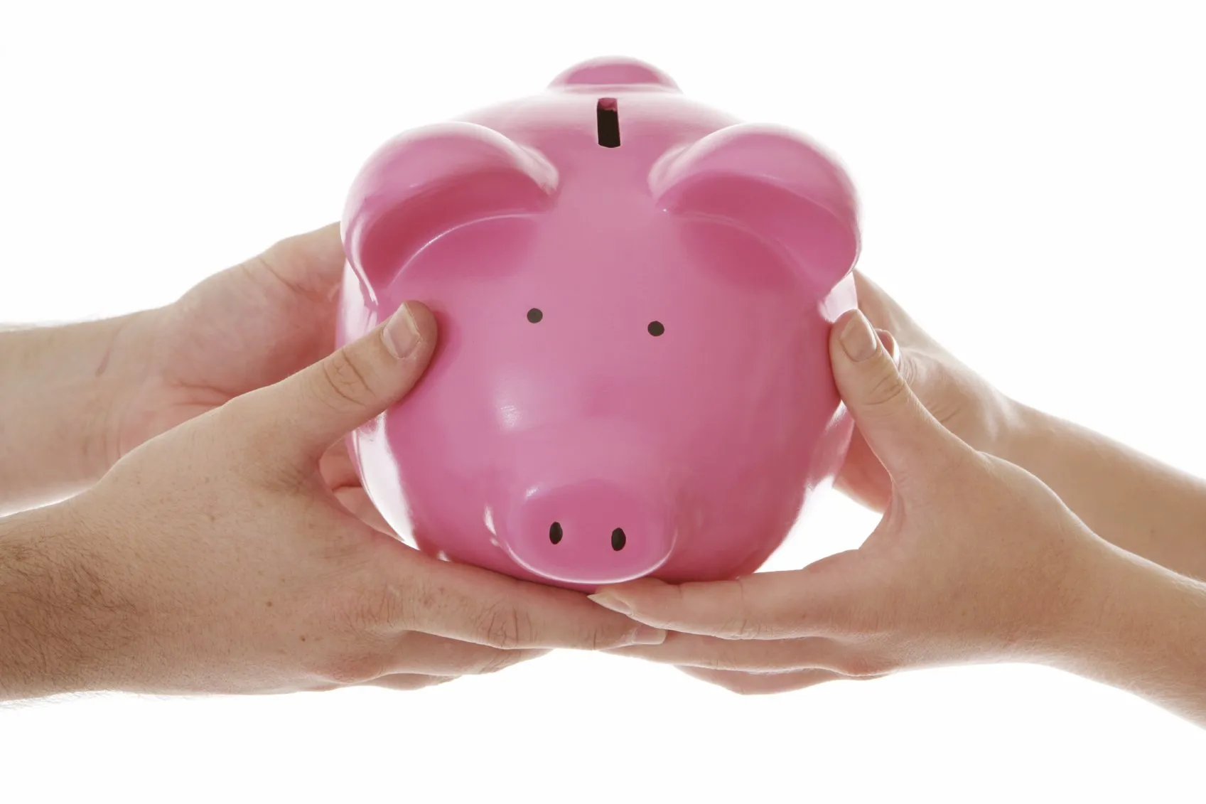 Two people holding a piggy bank in their hands.