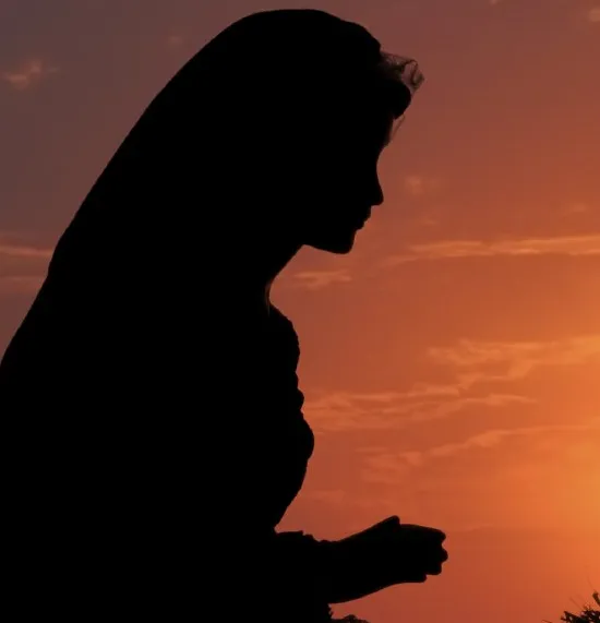 A silhouette of a woman wearing a religious head covering against a sky background