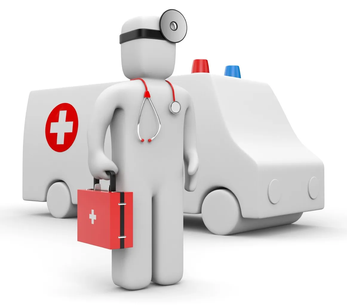 A 3D CG image of a featureless doctor standing in front of an ambulance