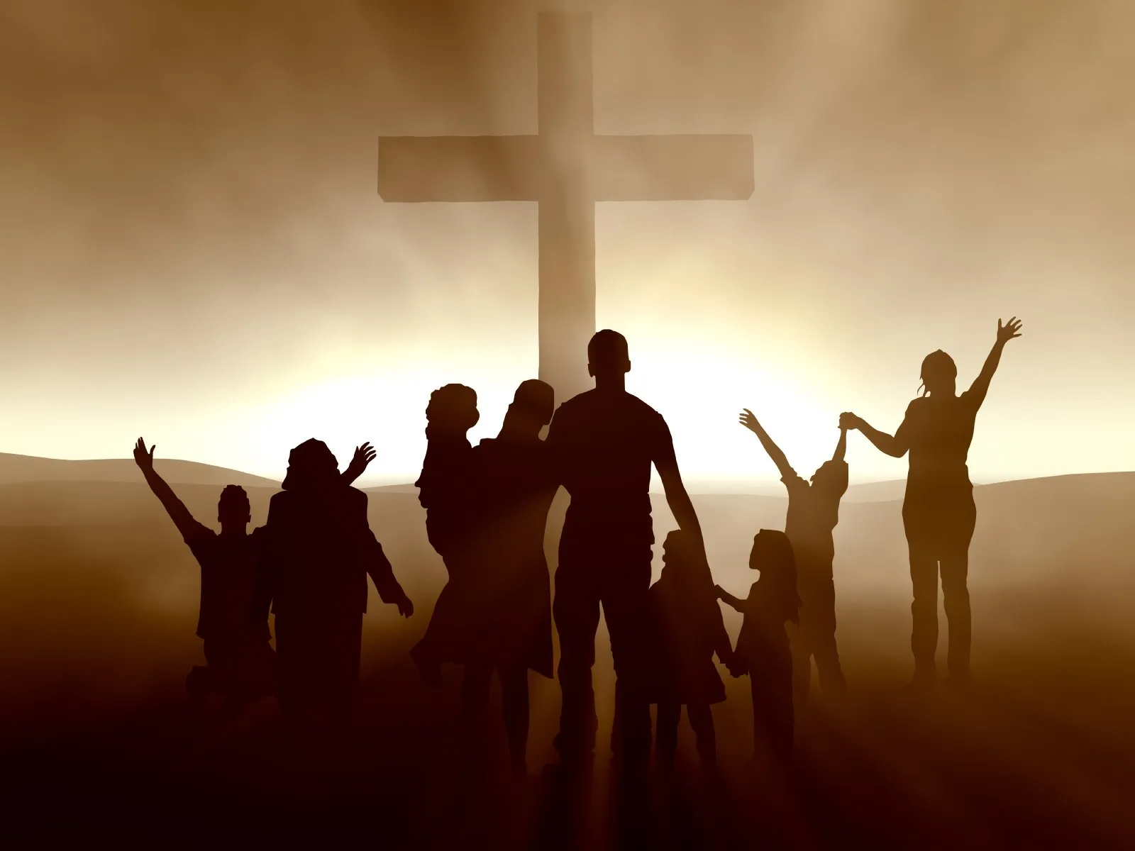 The silhouettes of a group of people gathered around a large cross with a light coming from behind it