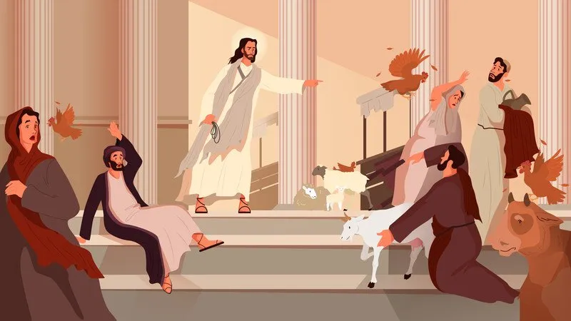 An illustration depicting Jesus in the temple