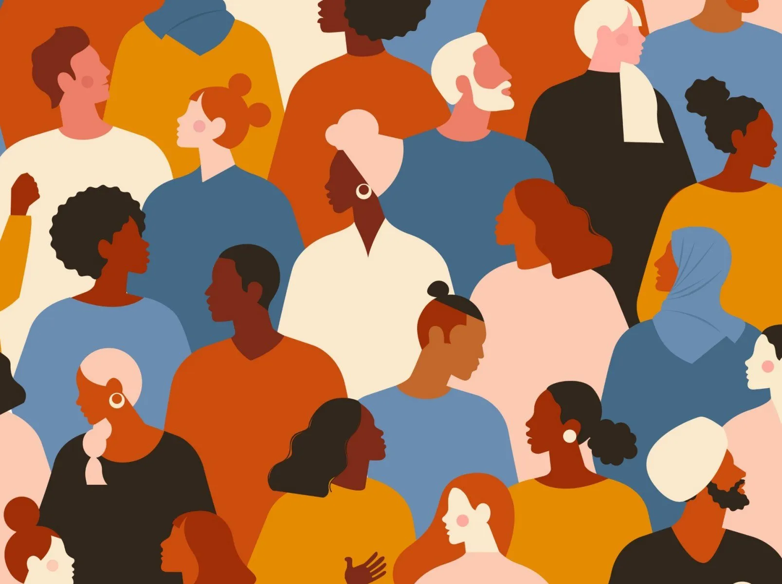 Stylized image of a diverse group of people walking different directions