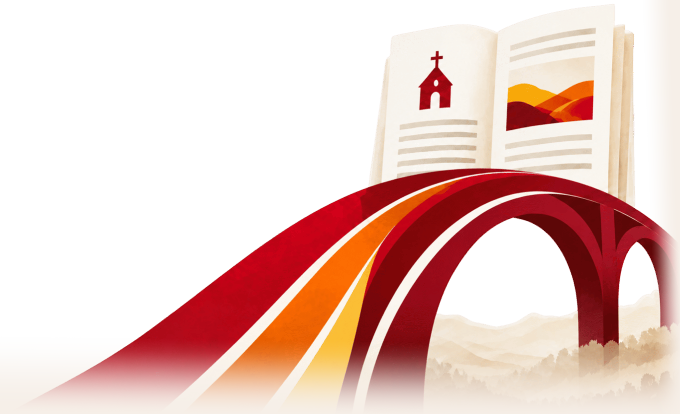 An open book depicting a church and rolling fields sits atop a red, yellow, and orange striped bridge