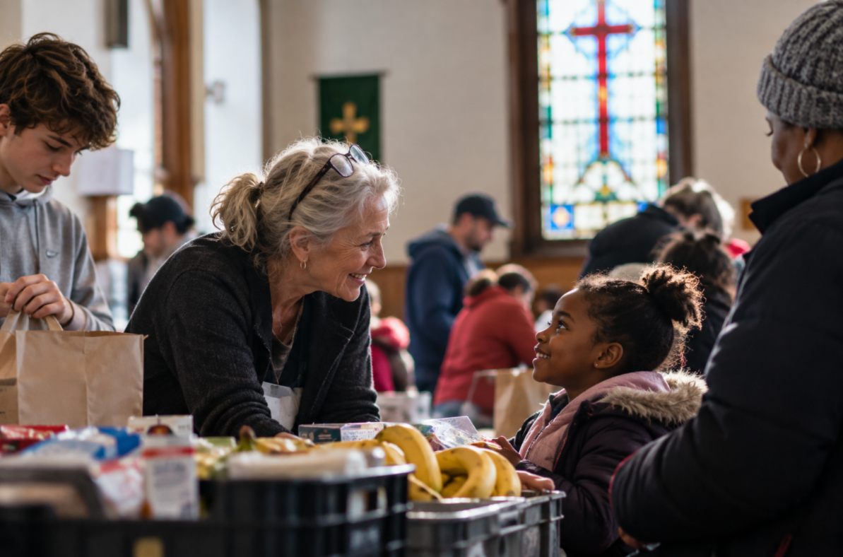 Community food distribution or food pantry event taking place inside a church.